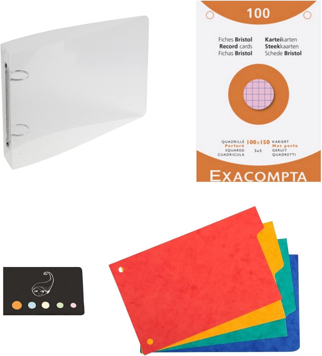 Set of 1 Polypropylene Folder, Transparent, 10 x 15 cm + 100 Index Cards, Checked Perforated, 4 Tabs + 1 Index Flower - ShopVlot