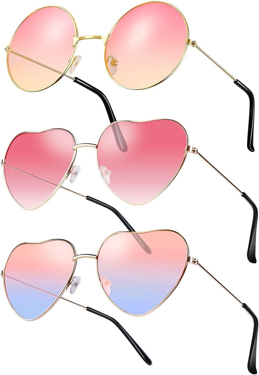 Hartvormige Zonnebrillen - 3 Paar Retro Metalen Frame Feestbril voor Carnaval, Verjaardagsfeest en Strandfeest - Hippe Accessoires voor 60s, 70s, 80s en 90s Themafeest