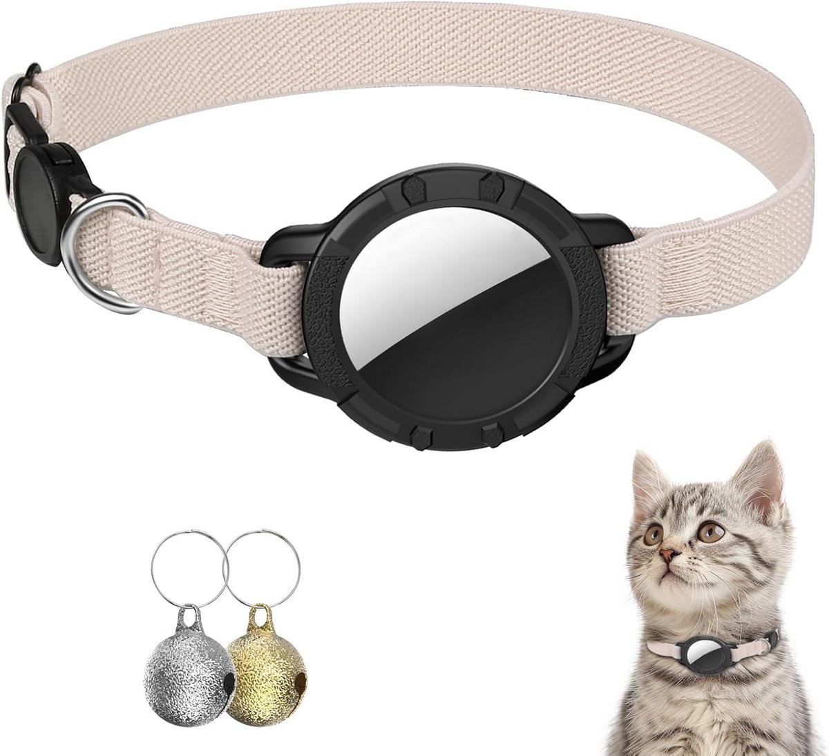 SnelShoppen - Airtag Kattenhalsband Rekbare Veiligheidssluiting Air Tag-Beschermhoes met Belletje Licht en Comfortabel Beige voor Katten Kittens en Pu