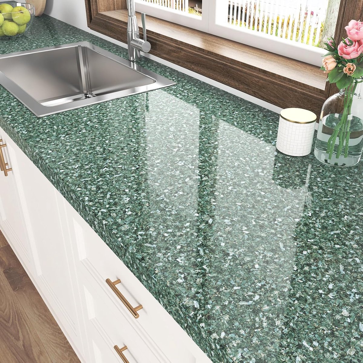 Glossy Dark Green Marble Wallpaper 60 x 300cm Vinyl Film for Kitchen Worktop Granite Self Adhesive Plastic Furniture - ShopVlot