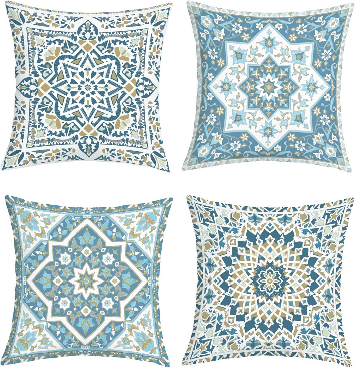 4 Pieces Bohemian Blue Floral Cushion Covers Retro Geometric Mandala Flowers Decorative Cushion Covers for Sofa Living - ShopVlot