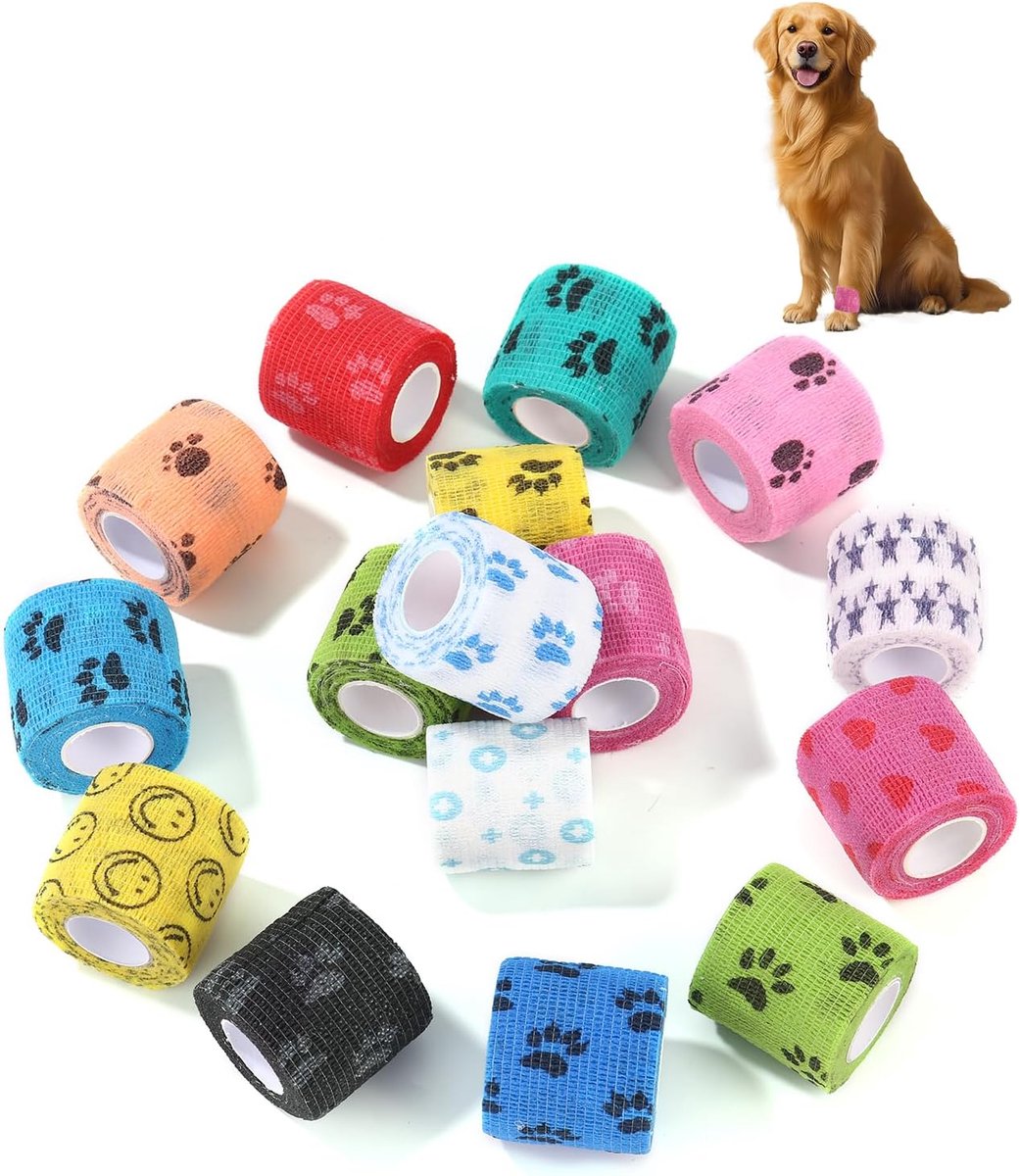 16 Rollos Vendaje Autoadhesive,Kleefband voor sporten, Ribbon voor huisdieren,Elastische Vendajes voor poppen, Transpirable Rollo de Gas Adhesive no Tejida,Enkel, Honden,Kat,Paarden 5cm x 4,5m