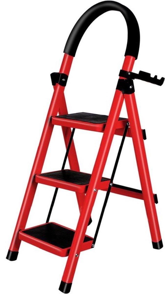 Opvouwbare trapladder - Kruk als bureauladder - Veilig bereikbaar - Extra stabiele zijsteunen - 3 treden, 104 cm hoog - Rood