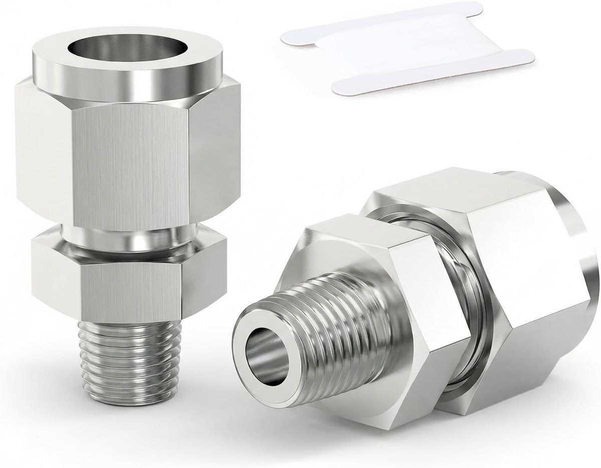 2 stuks 304 Roestvrijstalen Knelfitting, 20mm Buis OD x 1/2" BSP Mannelijke Rechte Connector, Hydraulische/Pneumatische Buisadapter met Enkele Knelring voor Water, Olie, Gas & Lucht