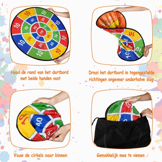 Dartbord voor Kinderen - Klittenband Dartbord 66 cm - Dubbelzijdig en Opvouwbaar Dartbord - Dartspel voor Kinderen met 12 Ballen en 4 Darts - Dartbordspeelgoed voor Binnen en Buiten — afbeelding 3