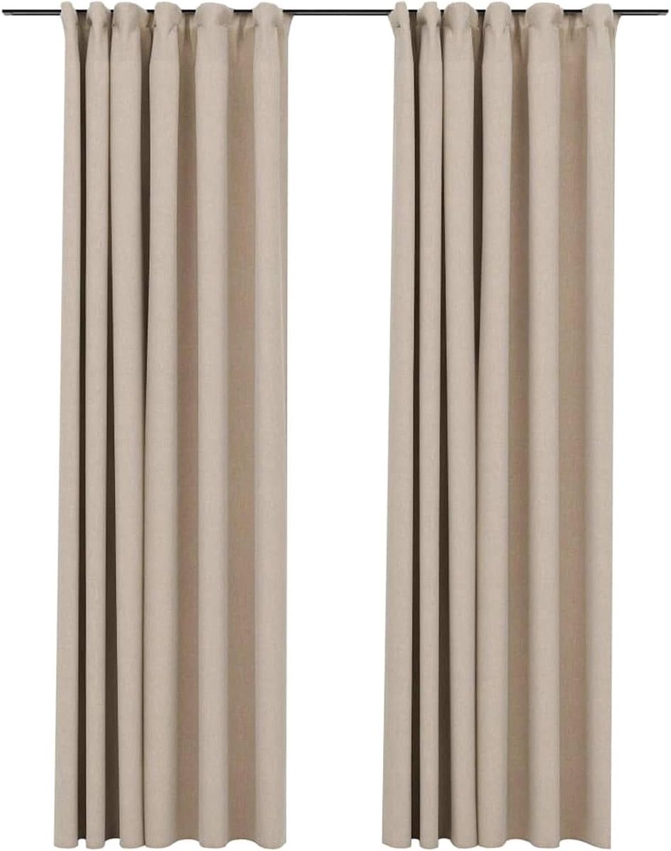 2 x verduisteringsgordijnen, met haken, verduisteringsgordijn, plooiband, thermogordijn, ondoorzichtig, gordijnen, linnenlook, beige, 140 x 225 cm (b x h), stof met linnenlook, beige