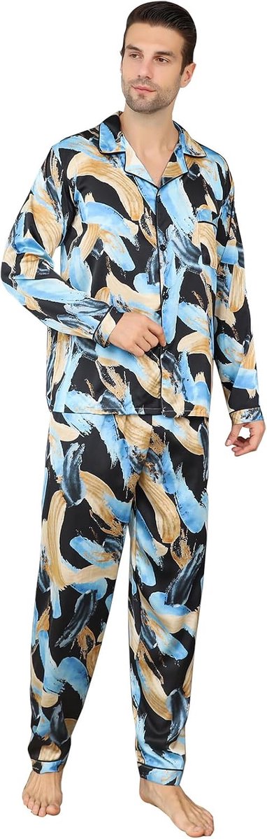 Pyjama voor heren, lange mouwen, zijdeachtige pyjama, premium nachtkleding met knoopsluiting, meerkleurig, zijdeachtige pyjamaset voor heren