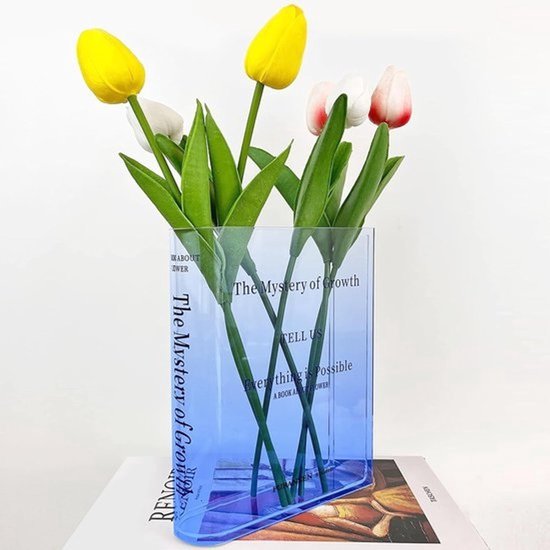 Boekvaas van acryl - Tulpenvaas en decoratieve boekdecoratie - Voor bloemstukken, middenstukken en woondecoratie, kleurverloop blauw