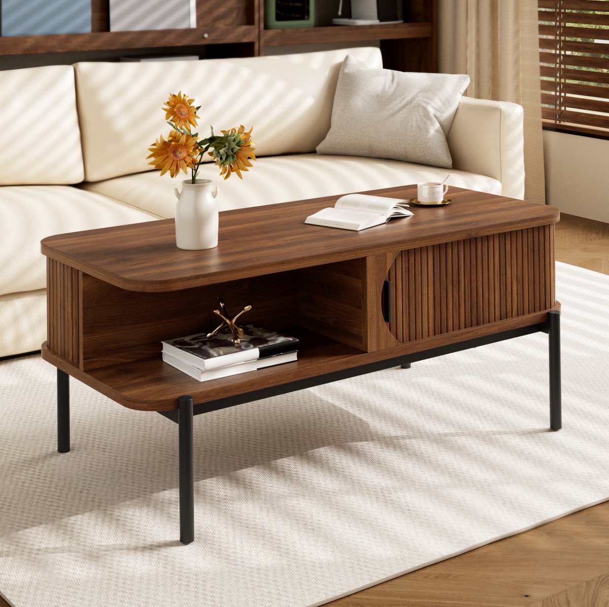 STILVORA Salontafel - Met Schuifdeuren En Opbergruimte - Voor De Woonkamer - MDF En Metaal - 100x45x43 Cm - Walnootkleur