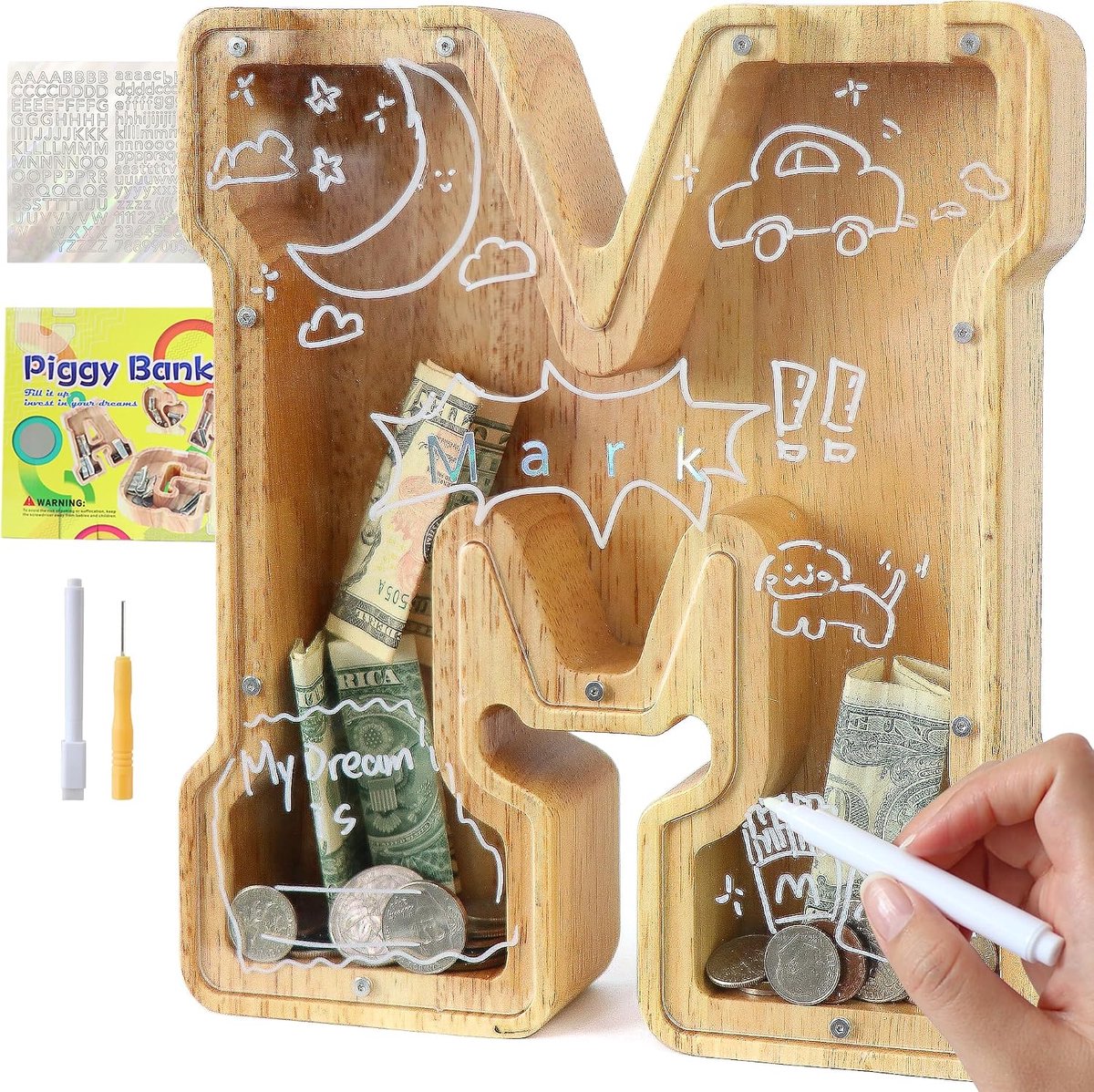 Transparante spaarpot voor kinderen met letters A-Z, doelgebied & stickers & markers - doop & geschenkdecoratie (M)