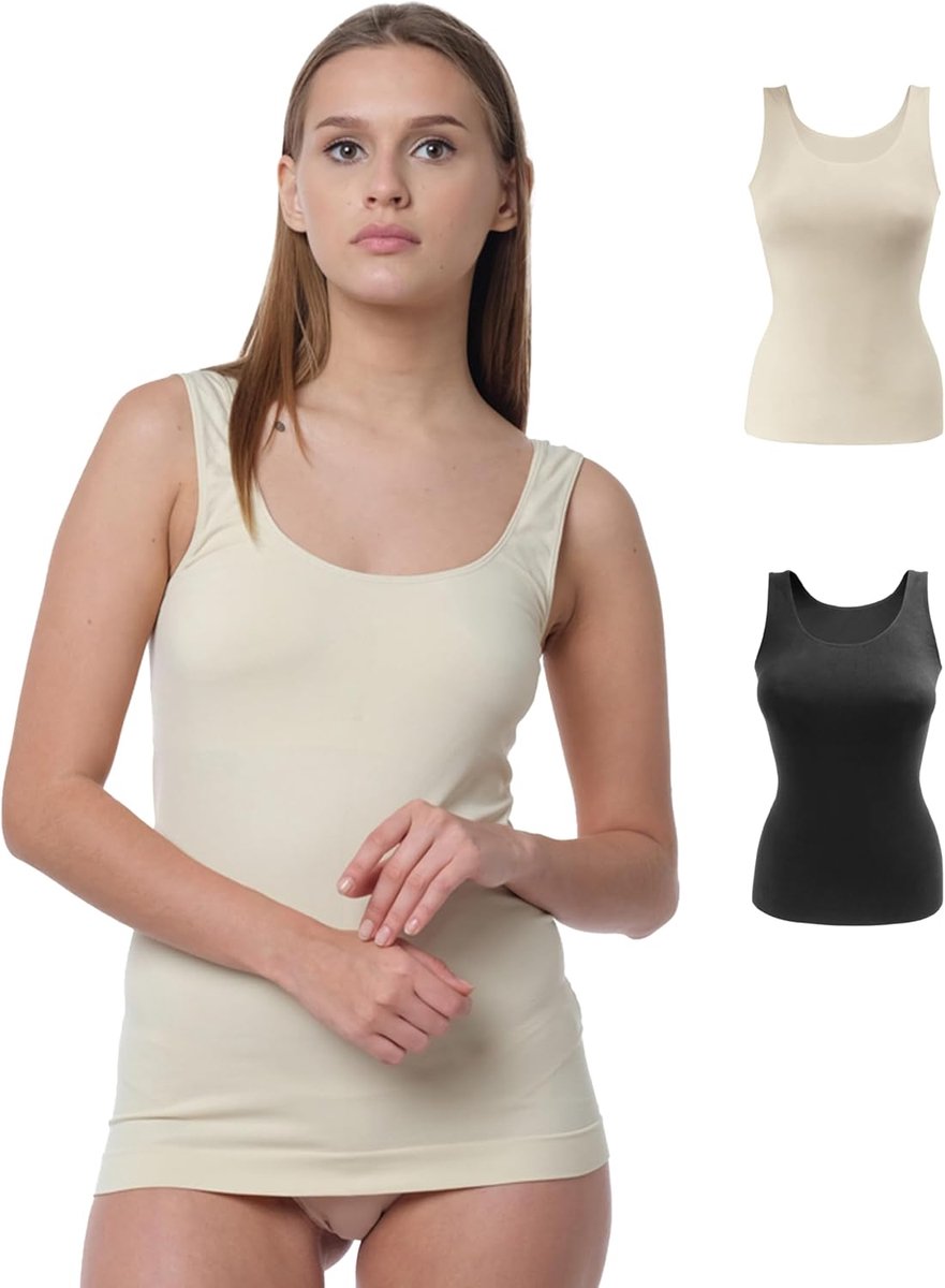 Set van 2 naadloze onderhemden, naadloze tanktop in zwart, wit, huid