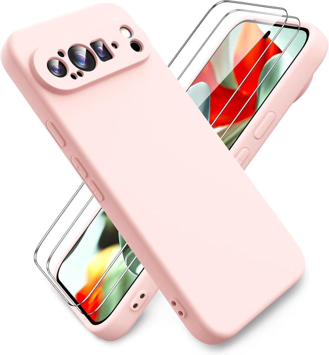 Telefoonhoesje voor Google Pixel 9 Pro XL, met 2 stuks displaybeschermfolie, pure kleur, ultradunne zachte siliconen hoes, stootvast, anti-kras rubberen beschermhoes, roze