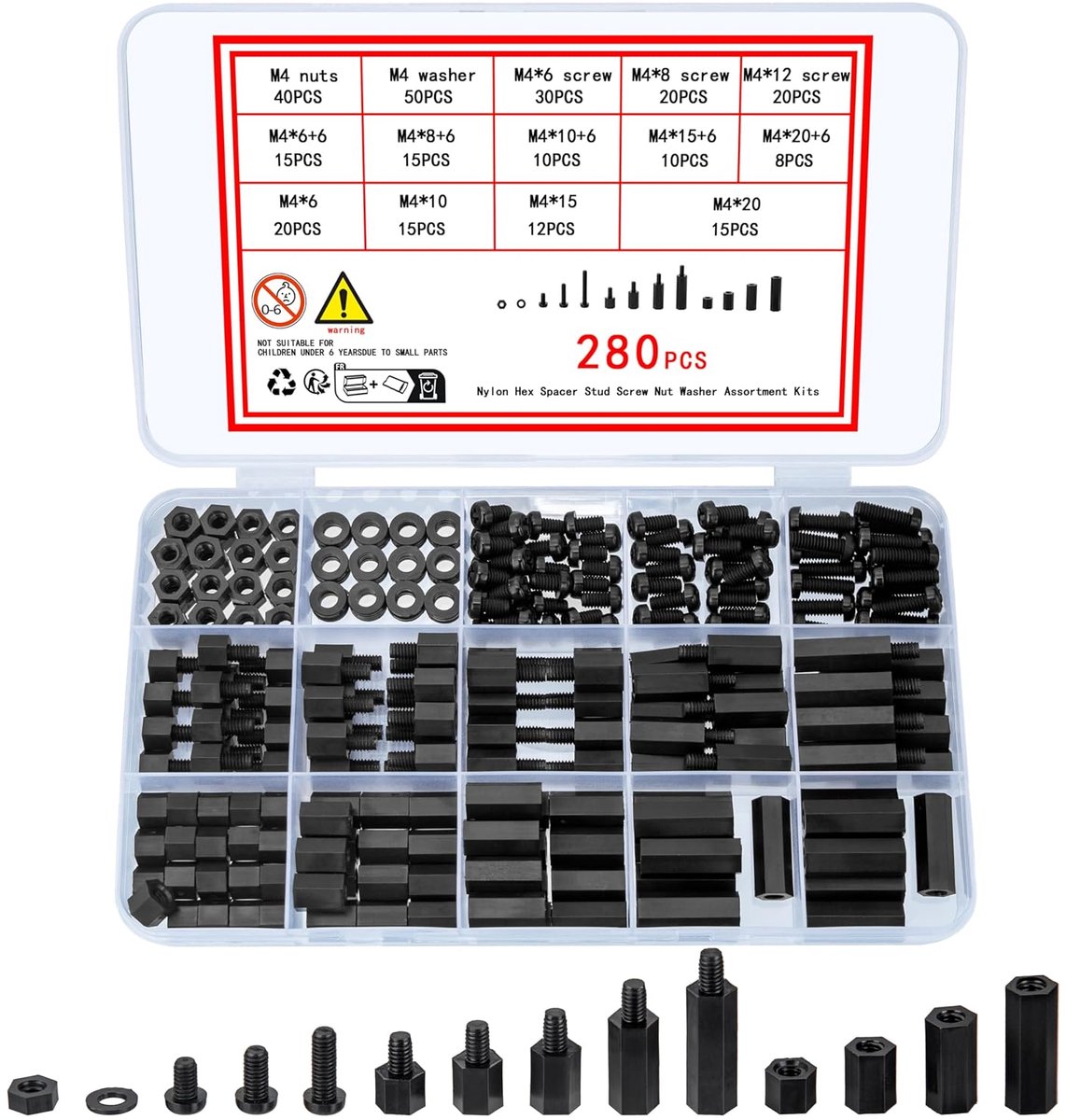 280 stuks M4 nylon schroeven, moeren, zwart, nylon afstandhouders, schroefmoeren, mannelijke vrouwelijke PCB-printplaten, afstandhouders, kunststof, kruiskopschroeven, assortiment kit