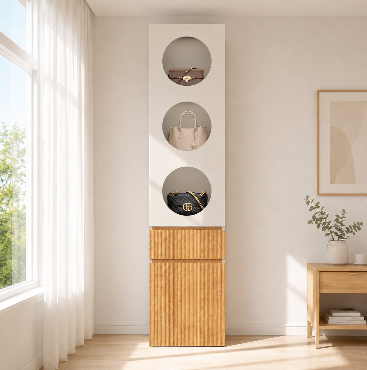 FloraGrace Kledingkast - Smalle Hoge Kast Met 2 Deuren En 1 Lade - Voor Slaapkamer, Badkamer En Woonkamer - MDF - 45x50x200 Cm - Lichtgrijs En Naturel
