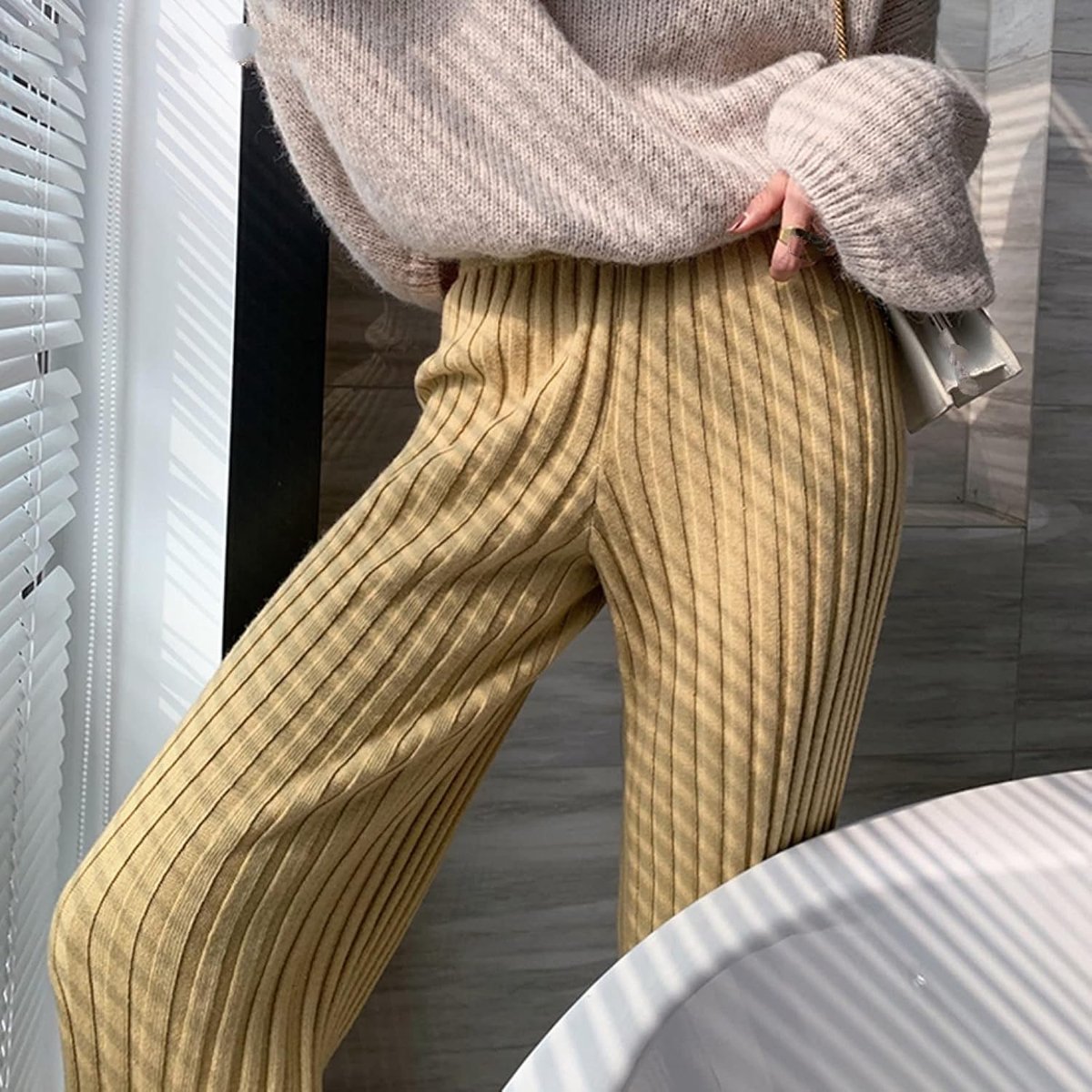 Broeken - Dames Dikke Gebreide Broeken Herfst Winter Modieus Warm Gestreept Gebreid Geel Hoge Taille Losse Wijde Pijpen Broeken Dames Street Chic Elegant Kerstmis Nieuwjaar Gesch