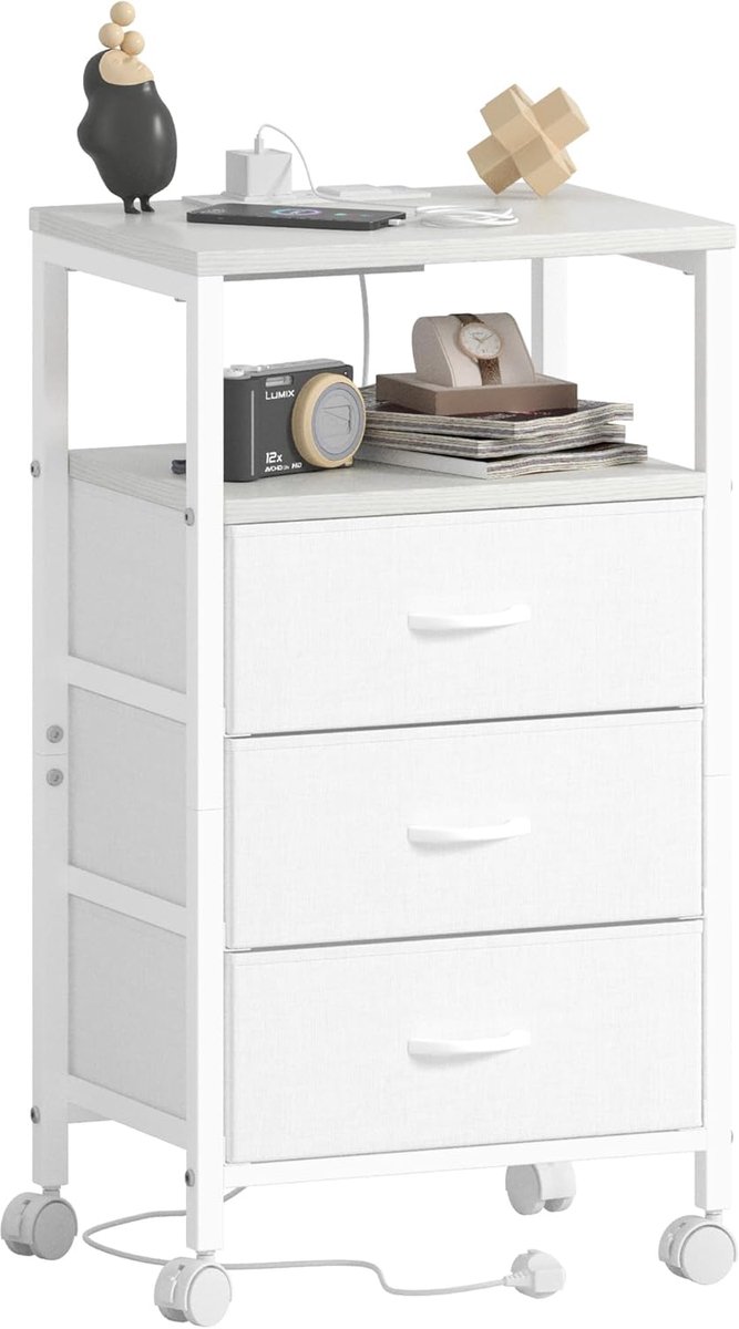 SnelShoppen - Bedside Table met Oplader, Kleine Nachtkastjes op Wielen, 3 Lades en Open Opbergvak in Wit, Staal Frame voor Slaapkamer en Woonkamer