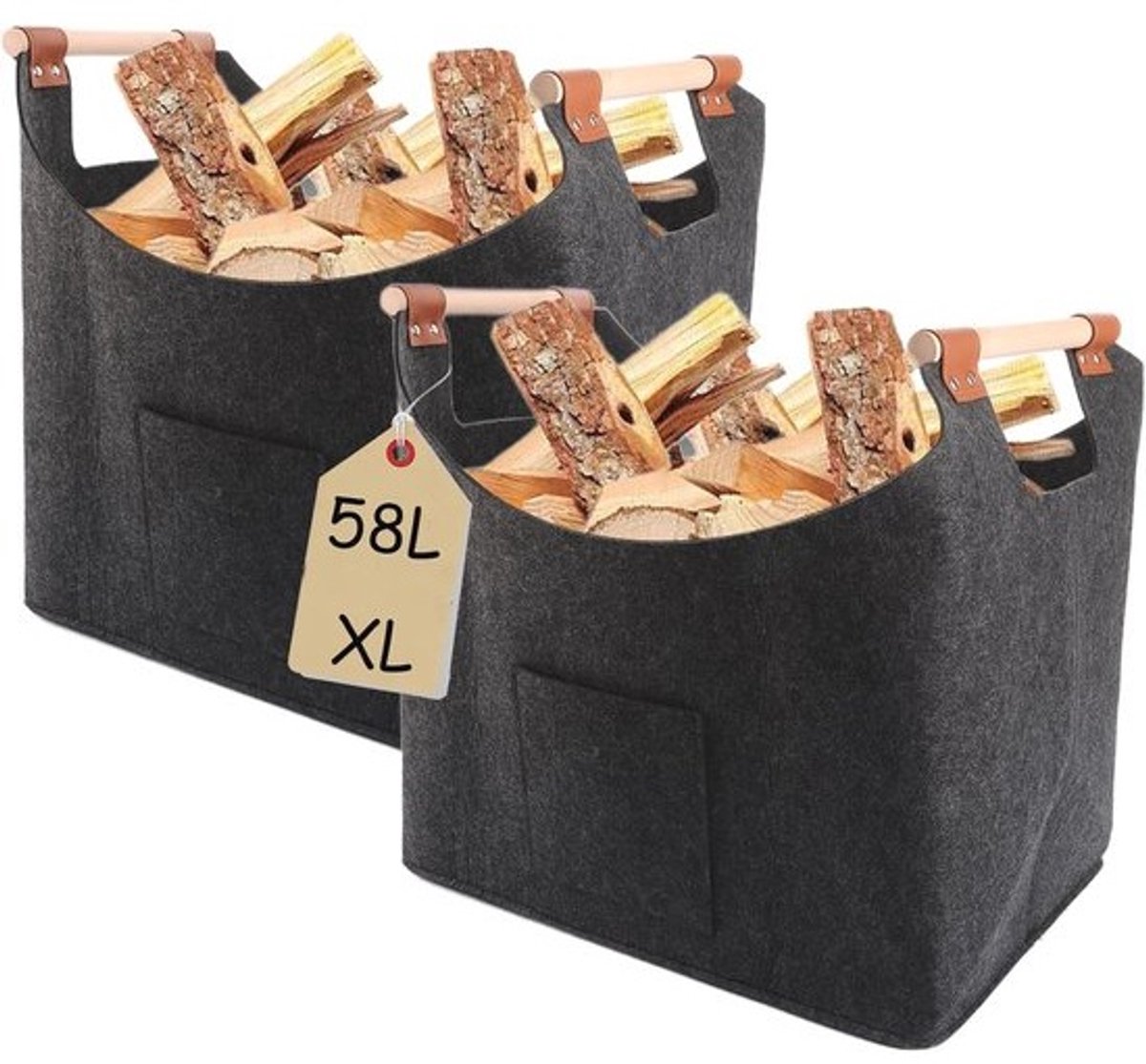 XL houten manden - voor haardhout - Set van 2 - Vilt en PU-leer - Opvouwbaar - veelzijdig