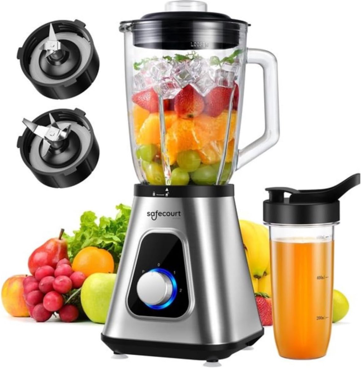 SnelShoppen - Krachtige Kitchen Blender 1200W met 1,5L Glas & 600ml To-Go Beker - Stille Smoothie Maker in RVS voor Gezonde Dranken Thuis, Sport & Wer