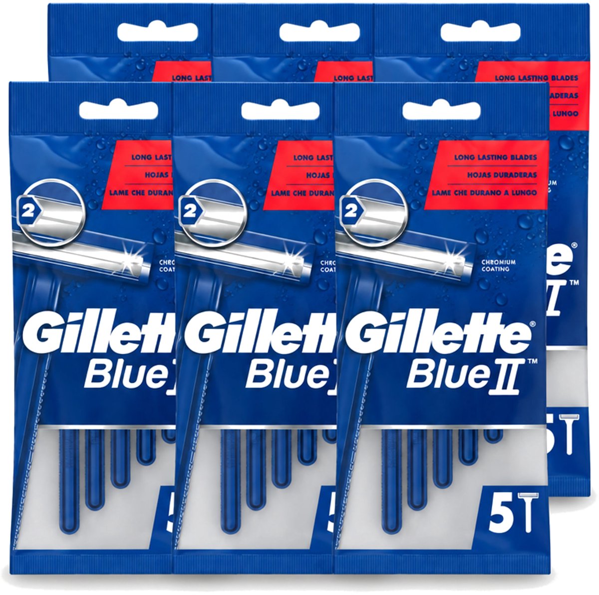 6 x Gillette - Blue II - Wegwerpscheermesjes - Precisie & Comfort - 5 Scheermesjes - Voordeelverpakking - 6 stuks