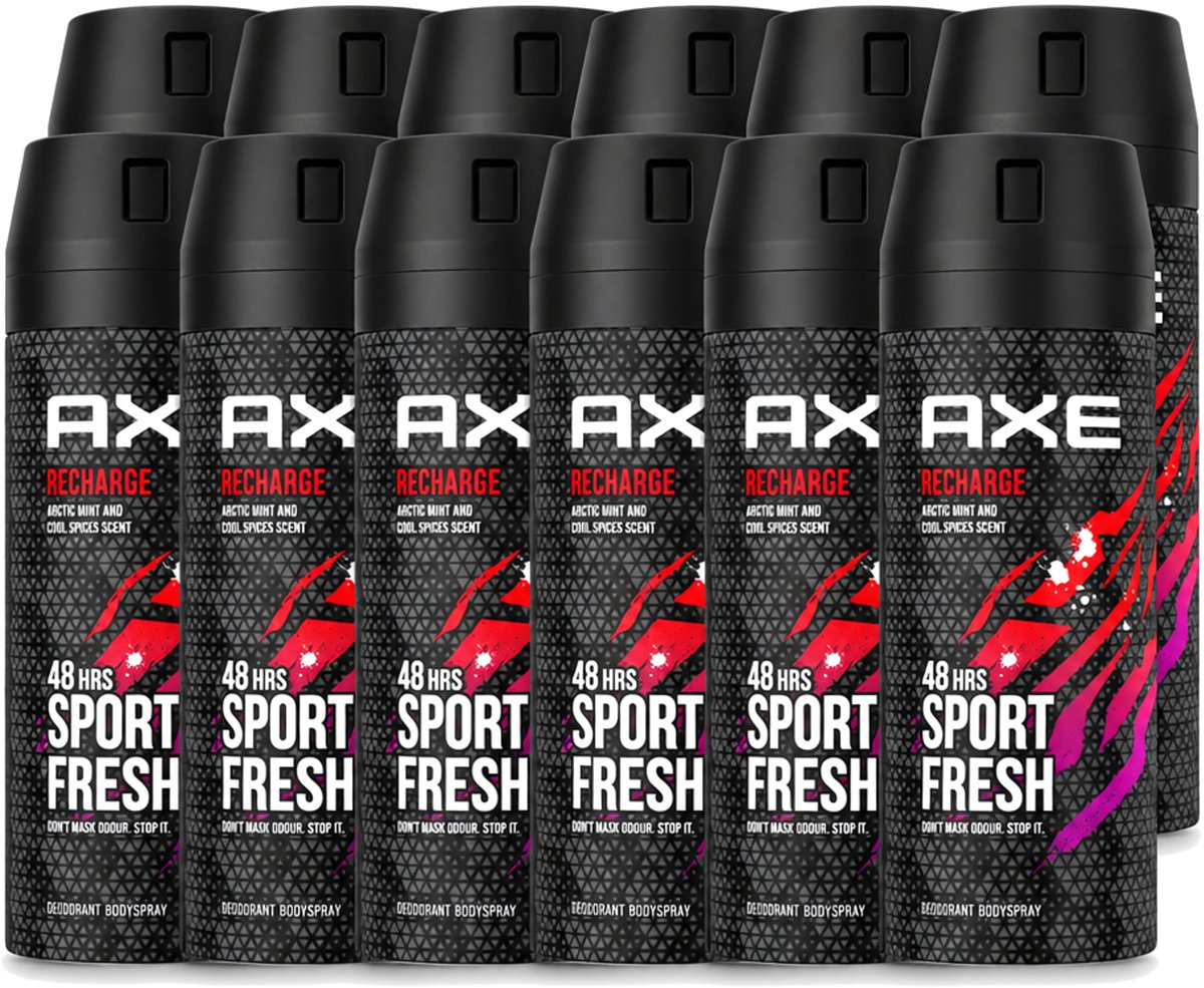 12 x Axe - Deodorant Bodyspray - 48hrs Sport Fresh - Recharge - Arctic Mint & Cool Spices - 150 ml - Voordeelverpakking - 12 stuks
