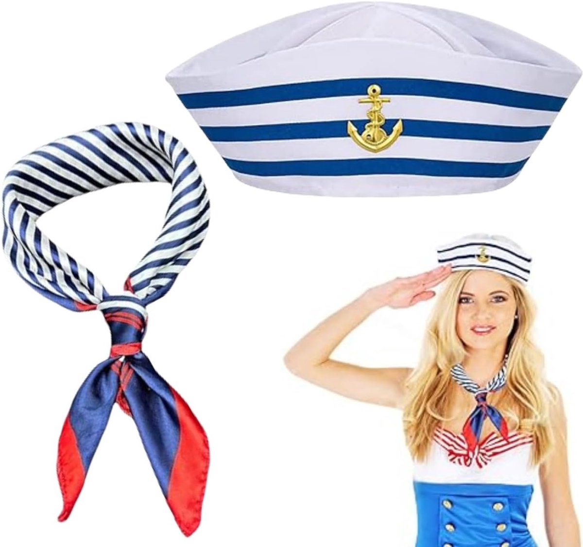 Kostuumset, kapiteinshoed, gestreepte matrossjaal, marineblauwe kostuumaccessoires, voor jachtfeest, Halloween, cosplay, feest