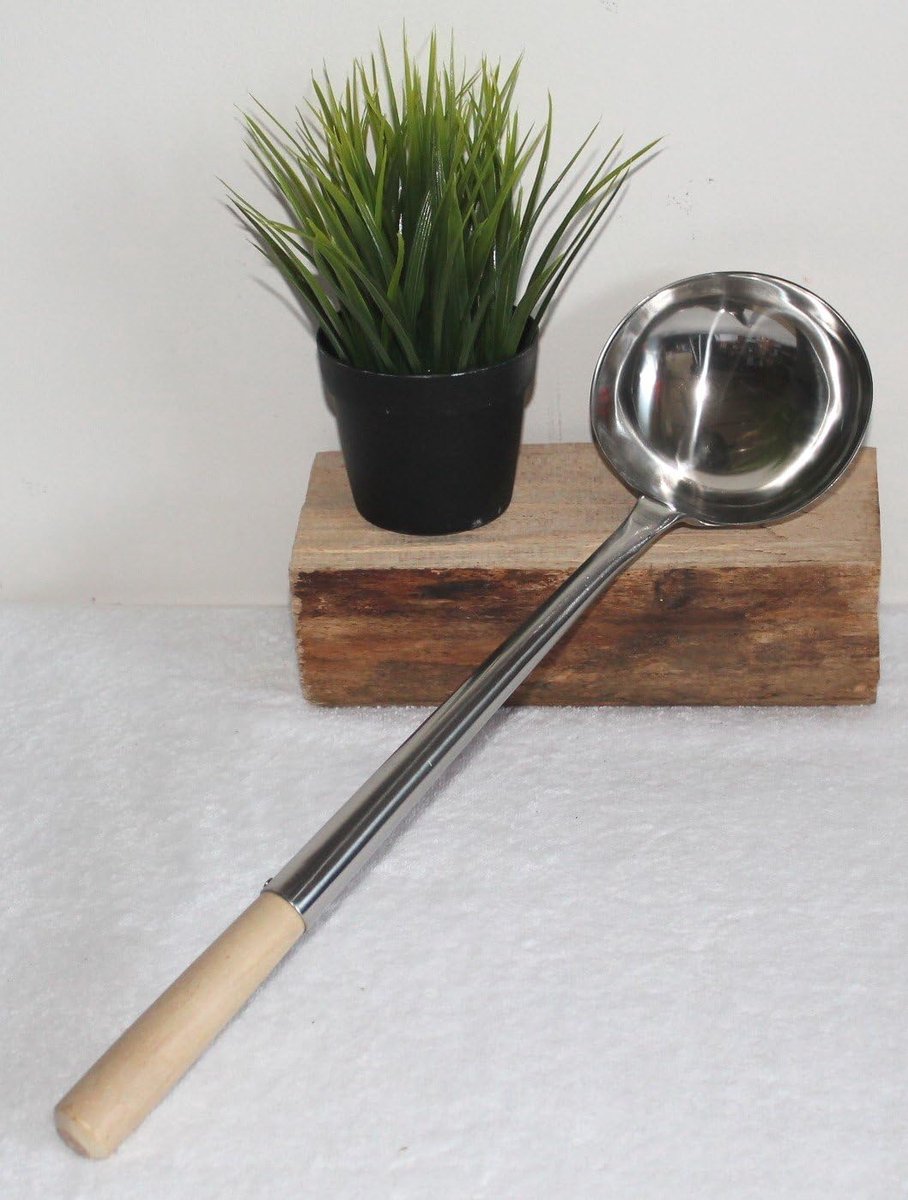 Dragon Wok lepel lepel roestvrij staal maat L - 48 cm lang, Ø troffel 13 cm, met houten handvat, geklonken