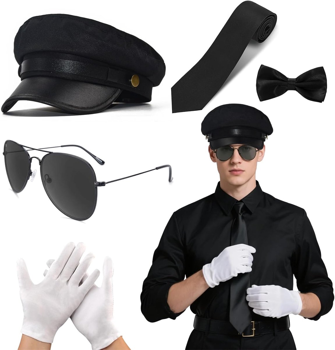 Accessoires, zwarte hoed, zonnebril, vlinderdas, handschoenen, maffia-gangsterkostuum, jaren 80, Berlijn, taxichauffeur, verkleedkleding, volwassenen, cosplay, 5 stuks