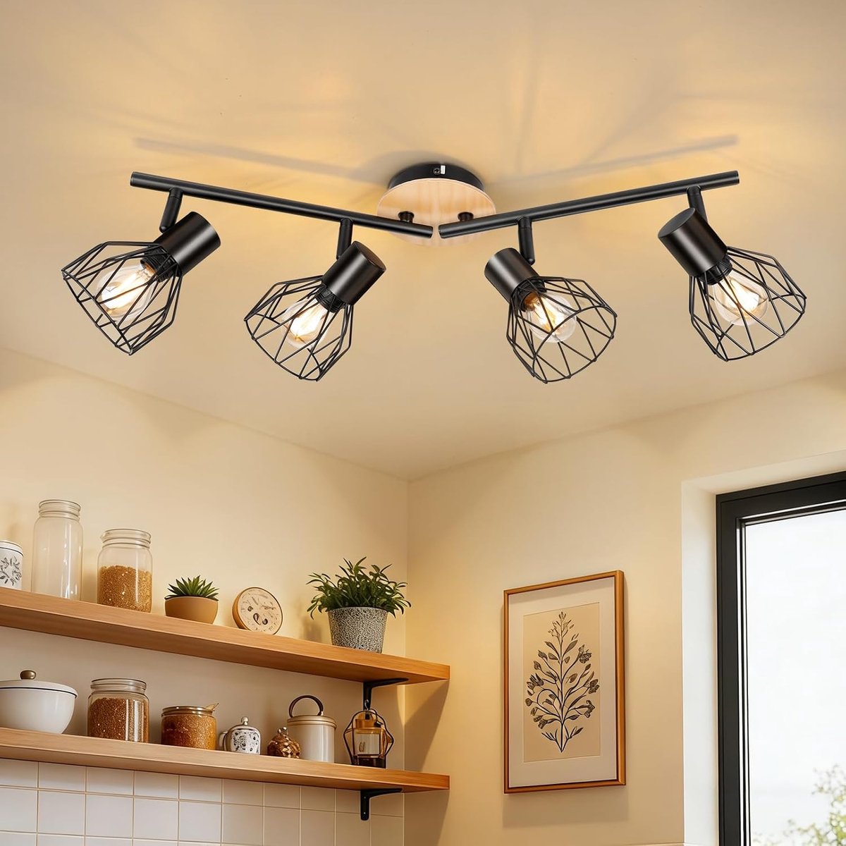 Plafondspot 350° Draaibaar, 4-Lamps E14 Houten Lamp, Wandspot voor Keuken Woonkamer Slaapkamer, Zonder Inclusieve Lamp