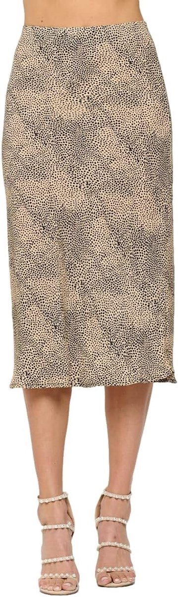 Solid High Waist Silky Casual Elastic Satin Midi Skirt - Made in USA (Large, Taupe Black)