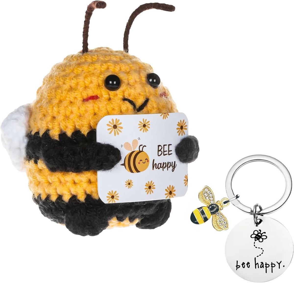 Positief, gebreid, gepersonaliseerd pluche dier met bijensleutelhanger, mini-pluche pop, gebreid, gebreide pop, cadeau voor verjaardag, dames en heren