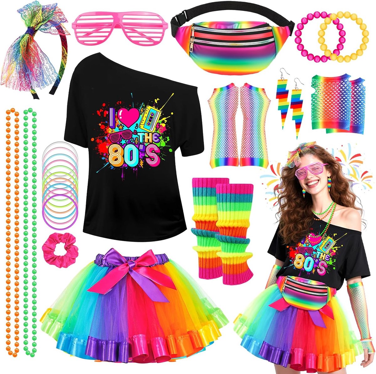 28-delige outfit, jaren 80-90, voor dames, kleding, kostuum, T-shirt, tutu, buiktas, oorbel, nethandschoenen, retro feestaccessoires, carnaval