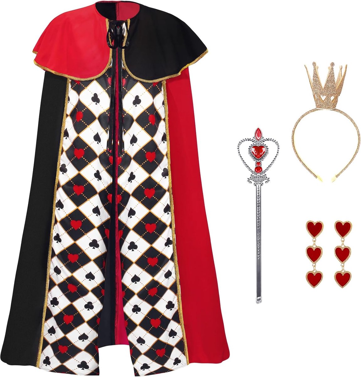 Dames 4-delig cape hart koningin verkleding met kroon hart oorbellen voor carnaval themafeest verjaardag
