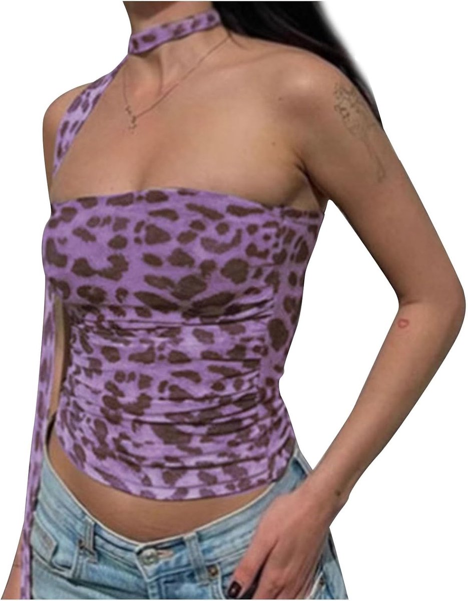 Damestop met luipaardprint, korte top met plooien, zonder bandjes, sexy top om uit te gaan, bedrukte hoofdband voor dames