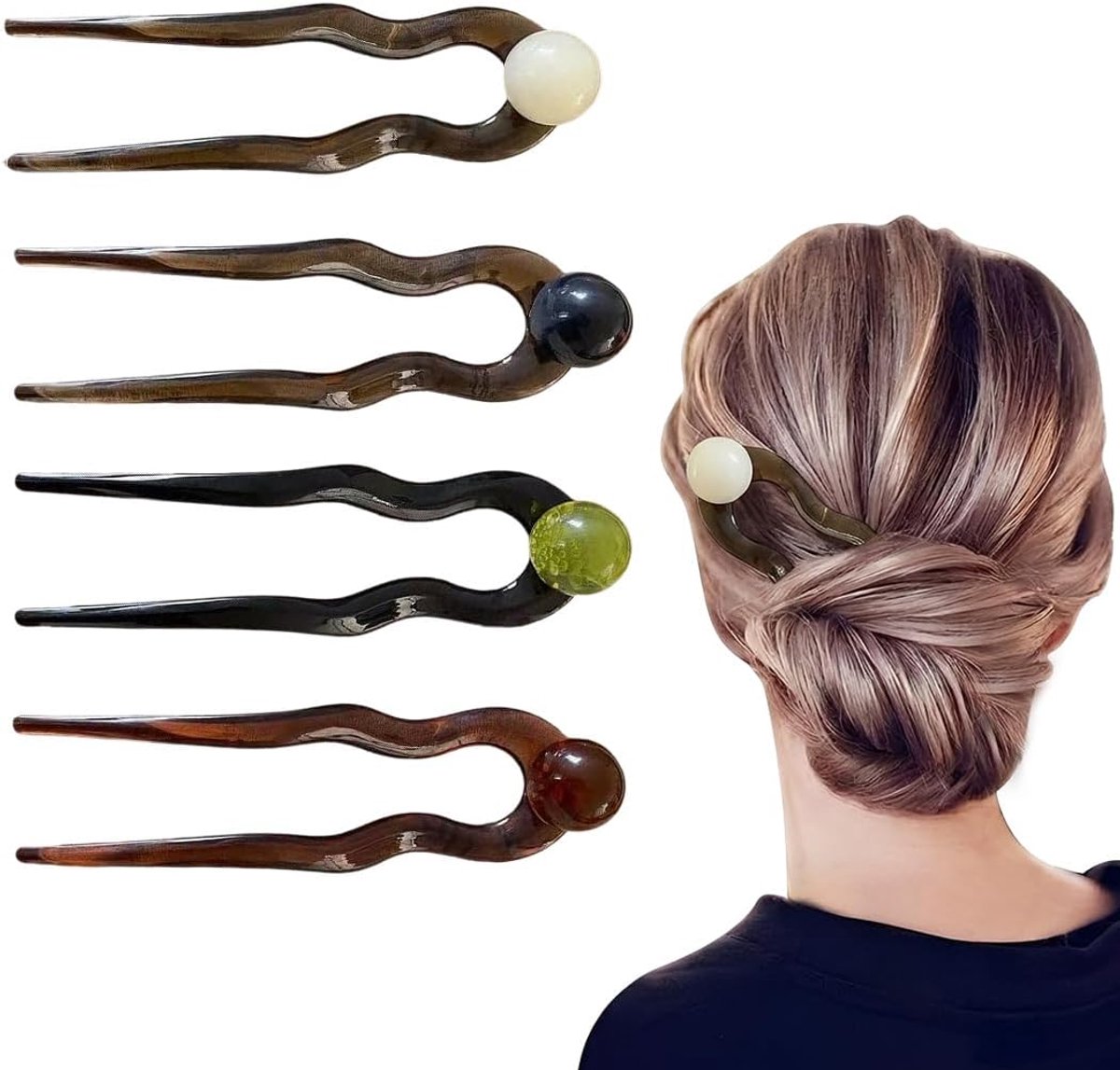 4 stuks Franse spelden van hars, U-vormige haarspelden met ballen in zwart-thee, groen, melkwit en koffie, voor elegante opgestoken kapsels, 12,5 cm, bruin