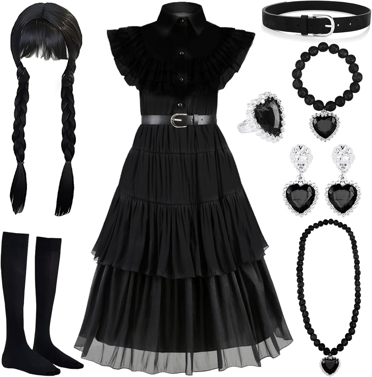 Kostuumset voor meisjes, zwart, Halloween, jurk, familie, fantasie, kostuum met pruik, kinderkostuum voor Halloween, carnaval, verjaardag, feest, cosplay, 4-5 jaar