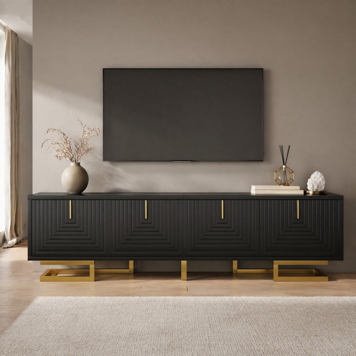 WUVRIE Tv-meubel 160x38x44,5 cm - 4 deuren met geïntegreerde planken - Zwart/goud