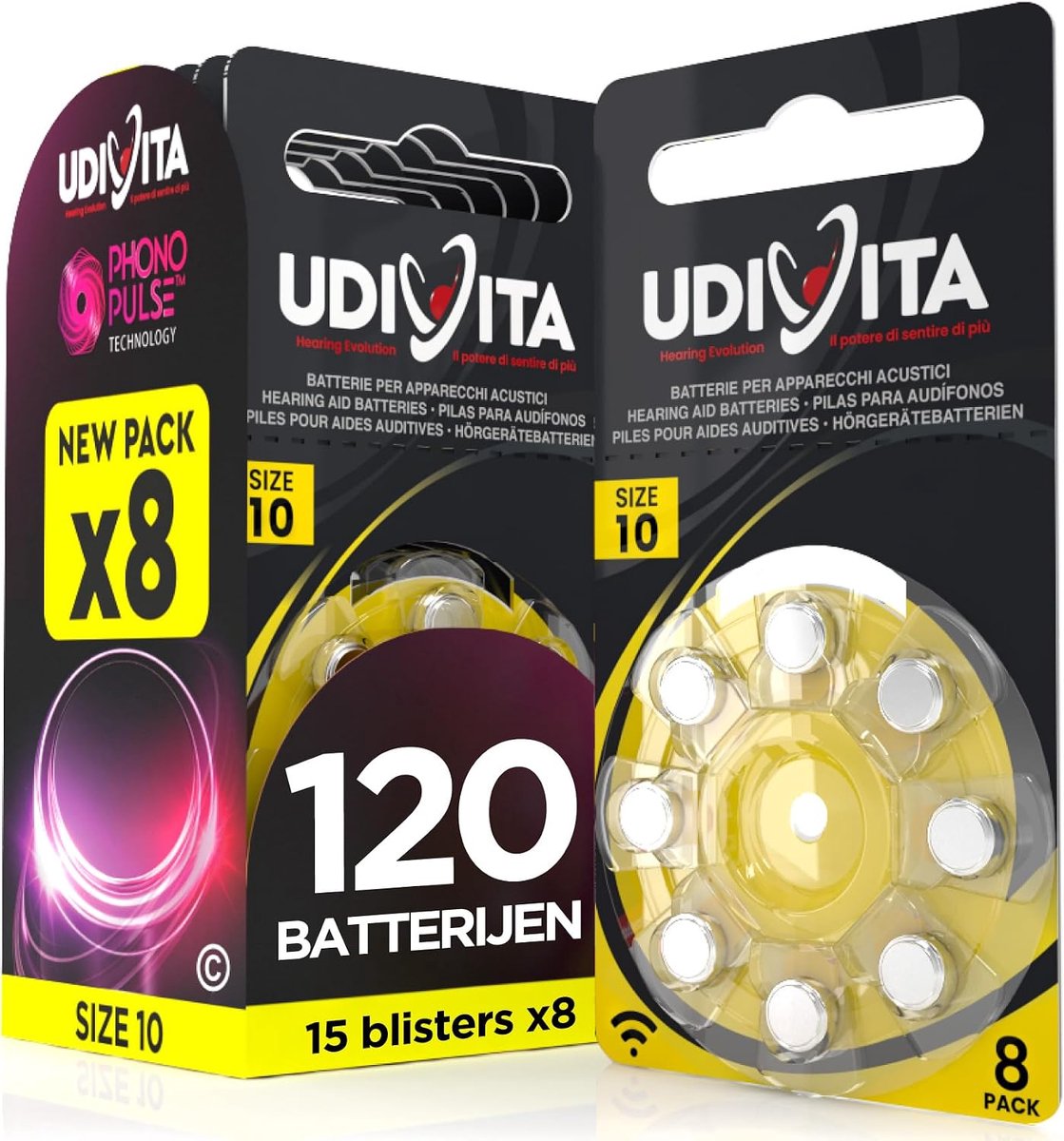 120 Batteries for Hearing Aids PR70 Udivita Size 10 (Yellow) - 15 Blisters of 8 Batteries - ShopVlot