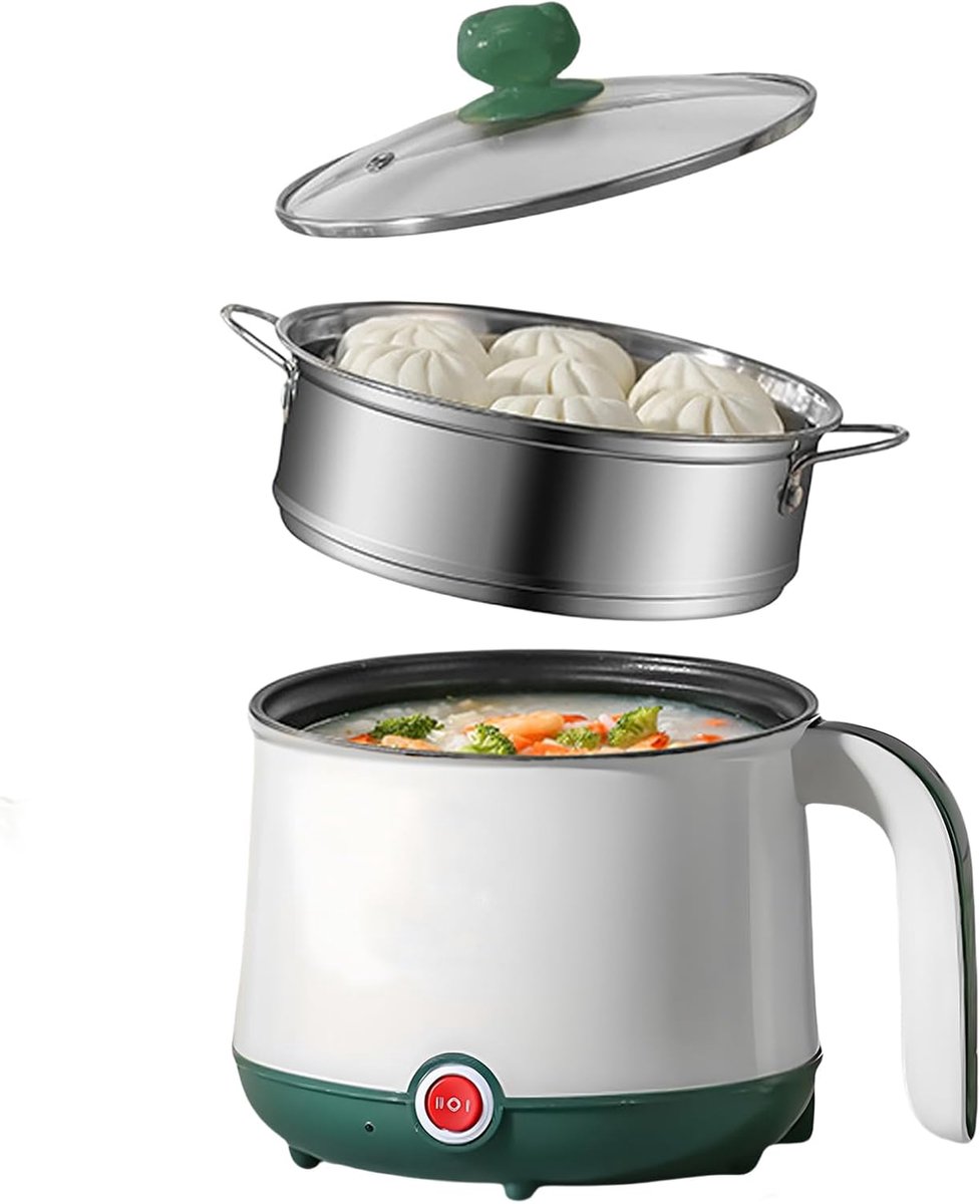 SnelShoppen - Elektrische Rijstkoker Draagbaar 1,8 L - Soeppamper, Snelle Pastmaker, Soeppan voor Steak, Pasta, Soep, Ei, Haver, Ramen - Wit + Groen