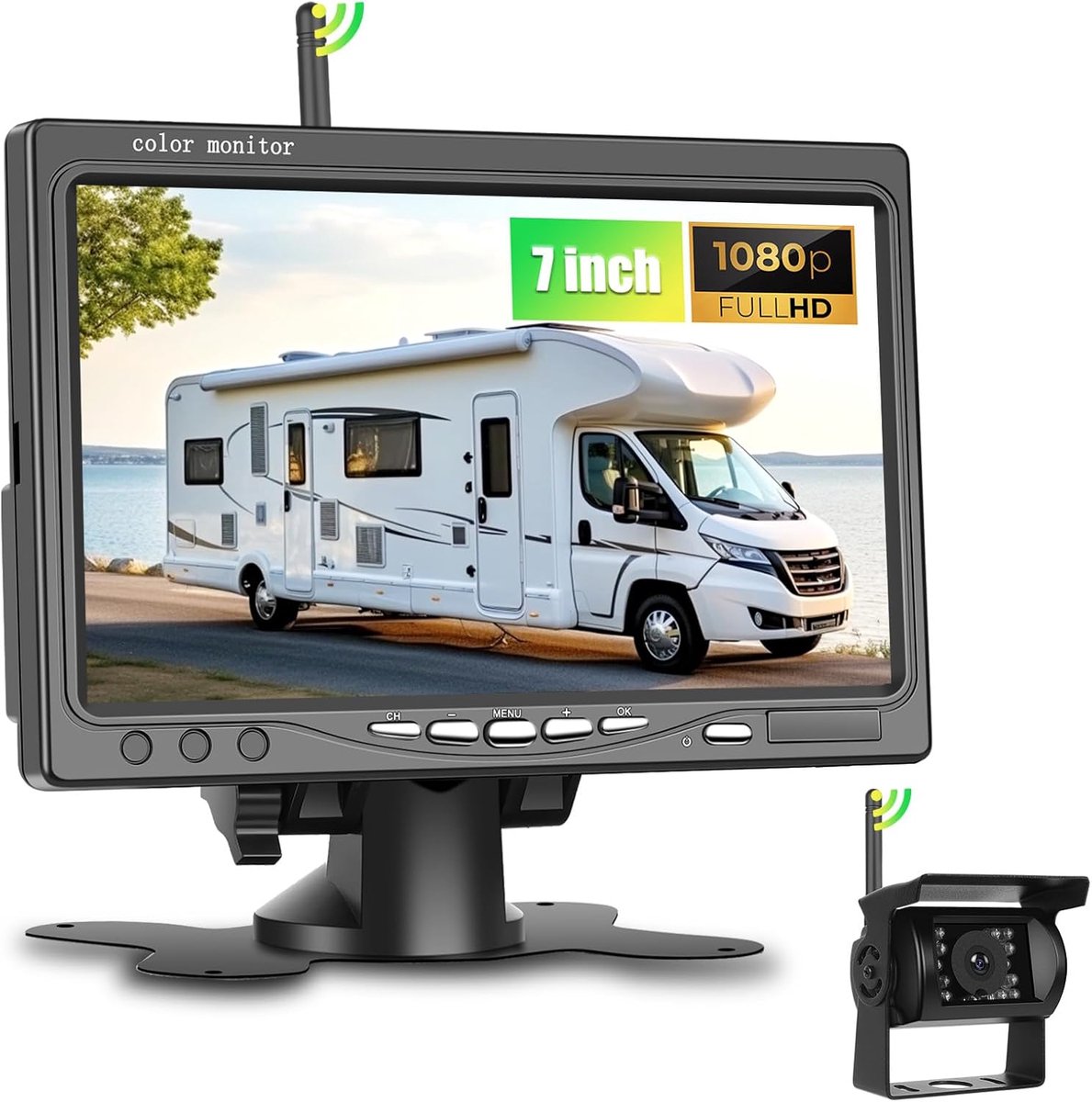 SnelShoppen - Draadloze Achteruitrijcamera Set met HD 1080p Beeld, 7 Inch Monitor, IP68 Waterdicht, Nachtzicht voor Aanhanger, Camper, Vrachtwagen, Au
