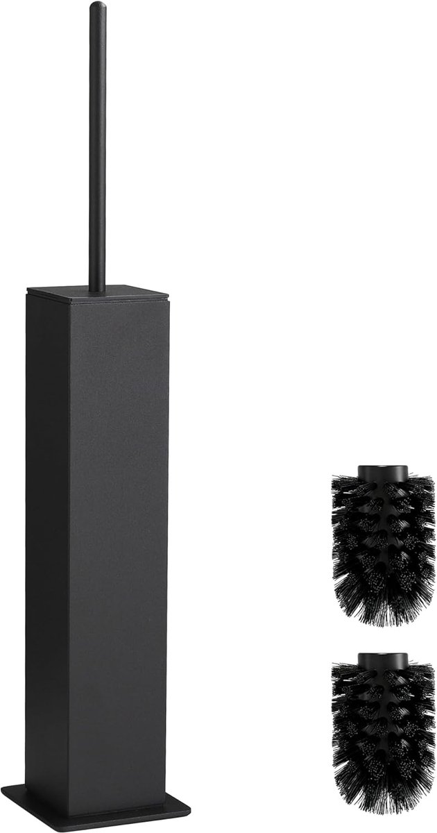 SnelShoppen - Toiletborstel Zwart Metaal Inclusief 2 Borstelkoppen Slank Design Vierkante Toiletborstel voor Badkamer