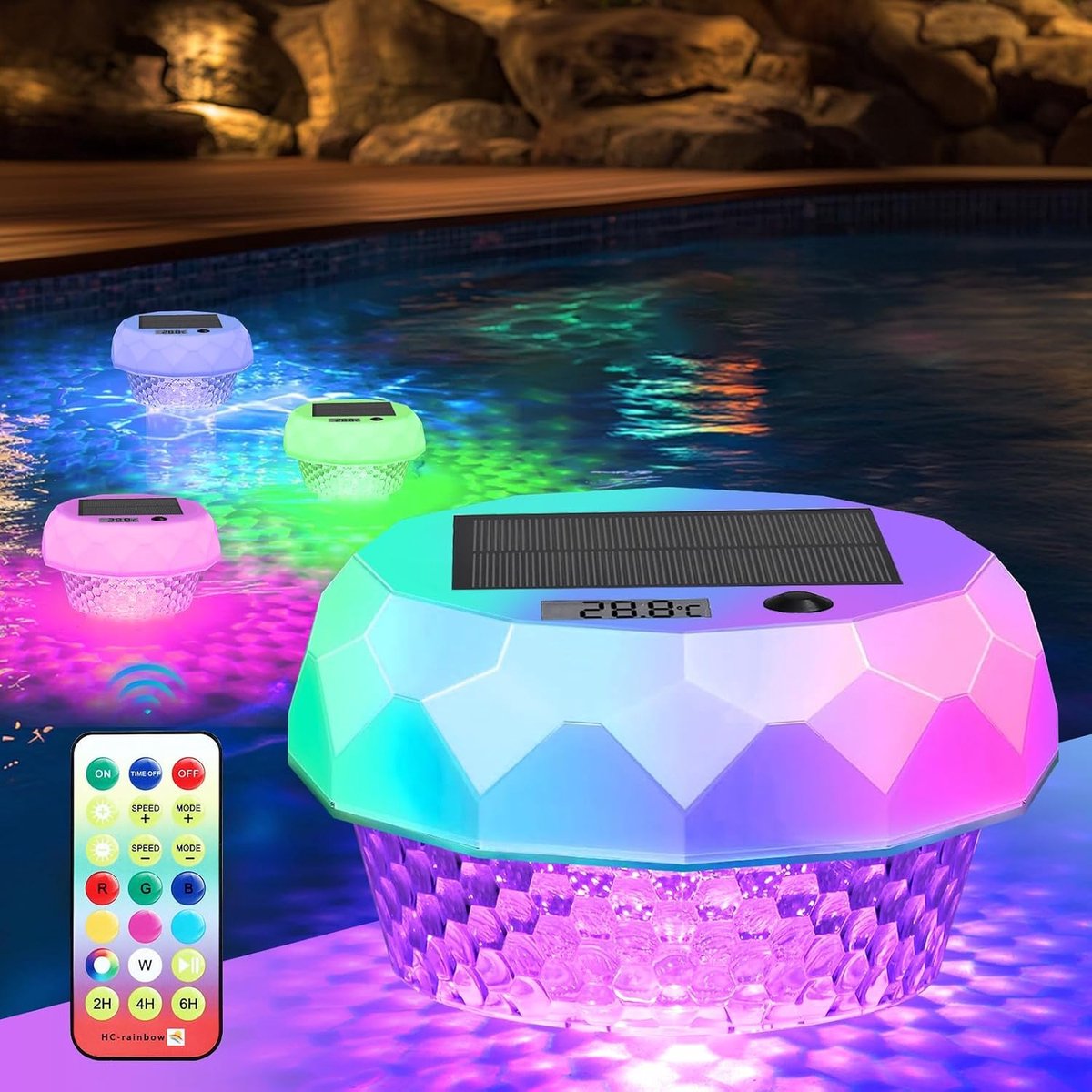 Solar Swimming Pool Lights Floating Pool Light with Remote Control Thermometer IP68 Waterproof RGB Colour Changing - ShopVlot