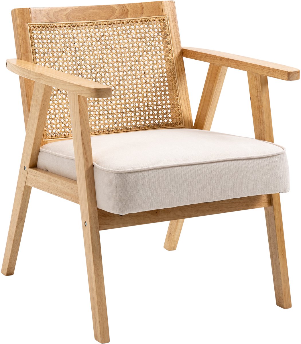 Homona Fauteuil met kussens van linnenlook - Kautschukhout - 63 x 69 x 78 cm - Crèmewit
