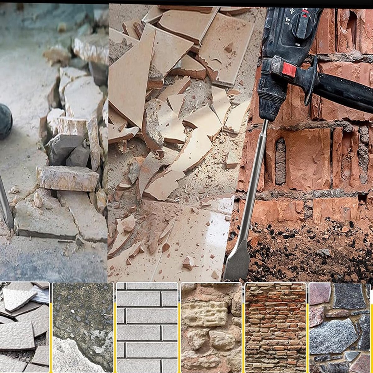 6 stuks SDS Plus beitelset, tegelbeitel (2 x platte beitel, 2 x brede beitel, 2 x puntbeitel), spatbeitel, boorhamer, beitelset voor beton, metselwerk, tegels, tegellijm, natuursteen
