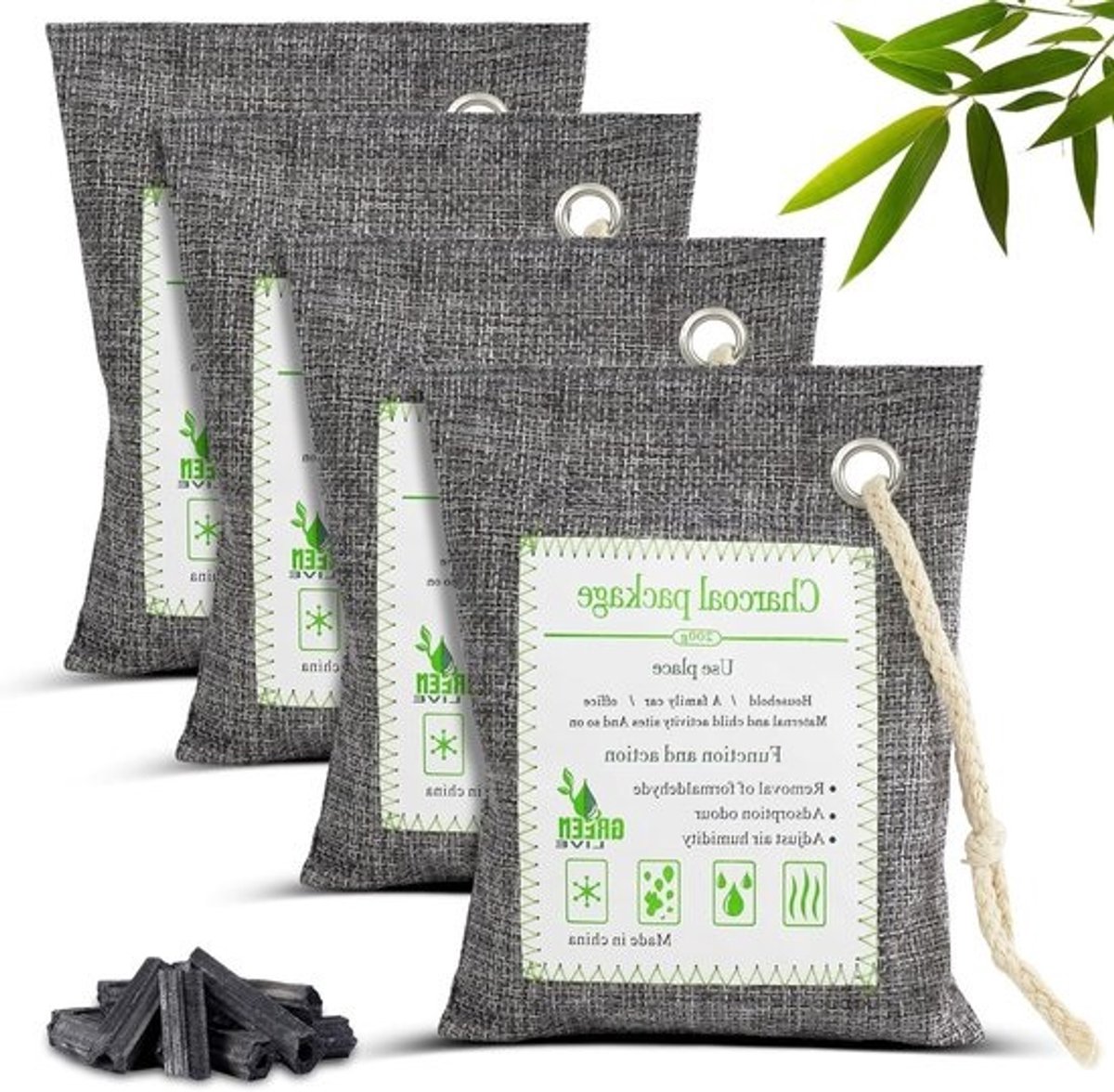 Set van 4 bamboe houtskoolzakken - Vocht- en geurabsorptie - 200g