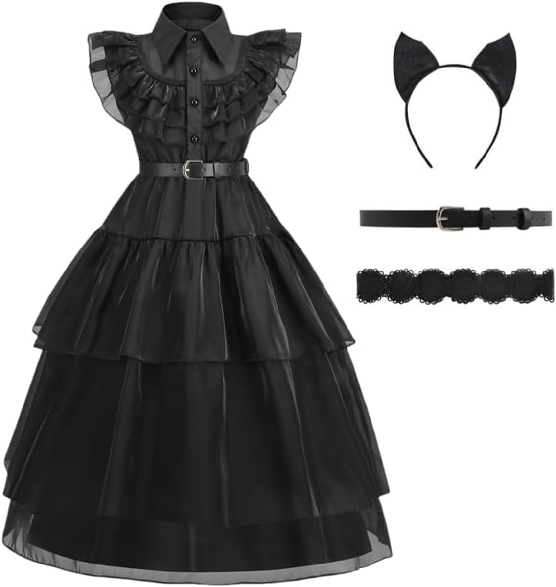 Kostuum Woensdagkostuum voor kinderen, gothic jurk, kostuum, kinderen, zwarte tule rok, jurk met pruik, riem en sokken, Wednesday jurk, carnaval, cosplay, party