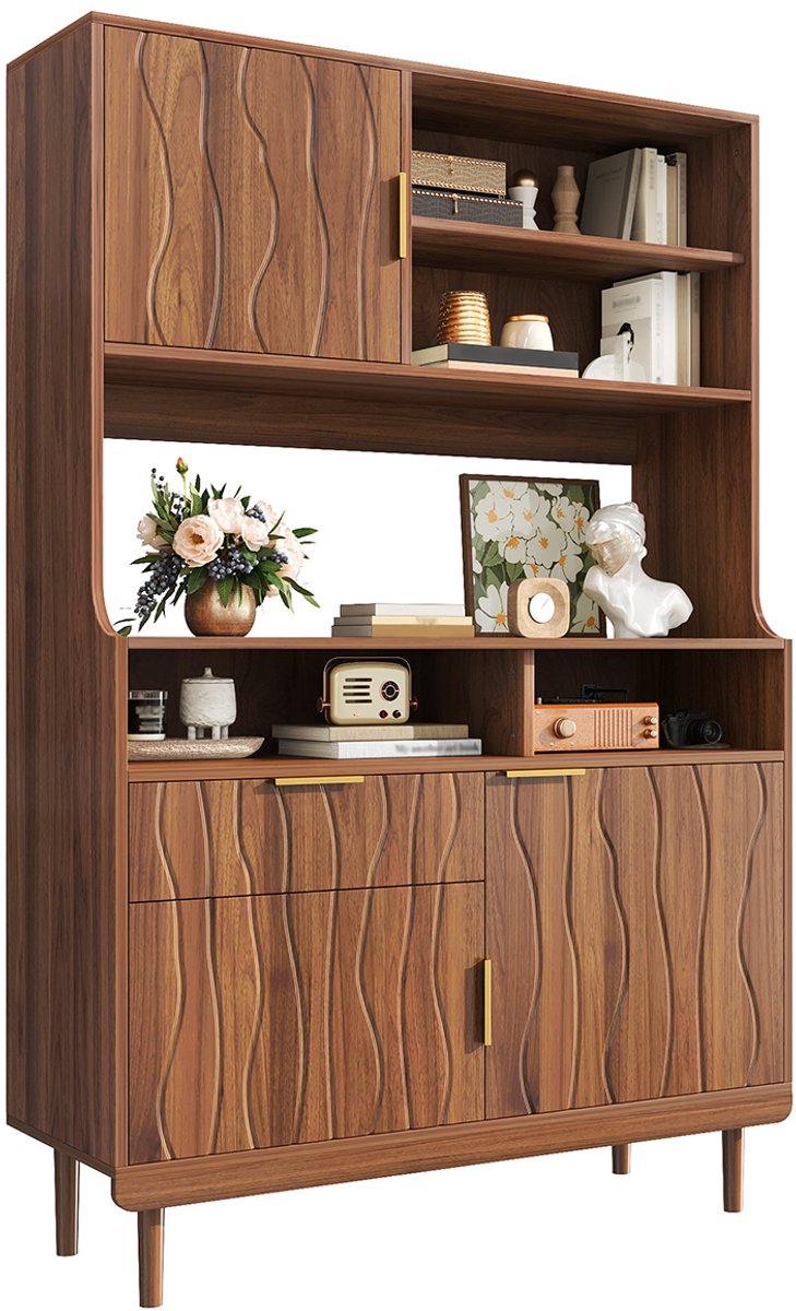 LONG DRAGON Moderne Landelijke - Dressoir - Hoge keukenkast - Met lades, deuren en open schappen - Poten van massief hout, MDF en spaanplaat