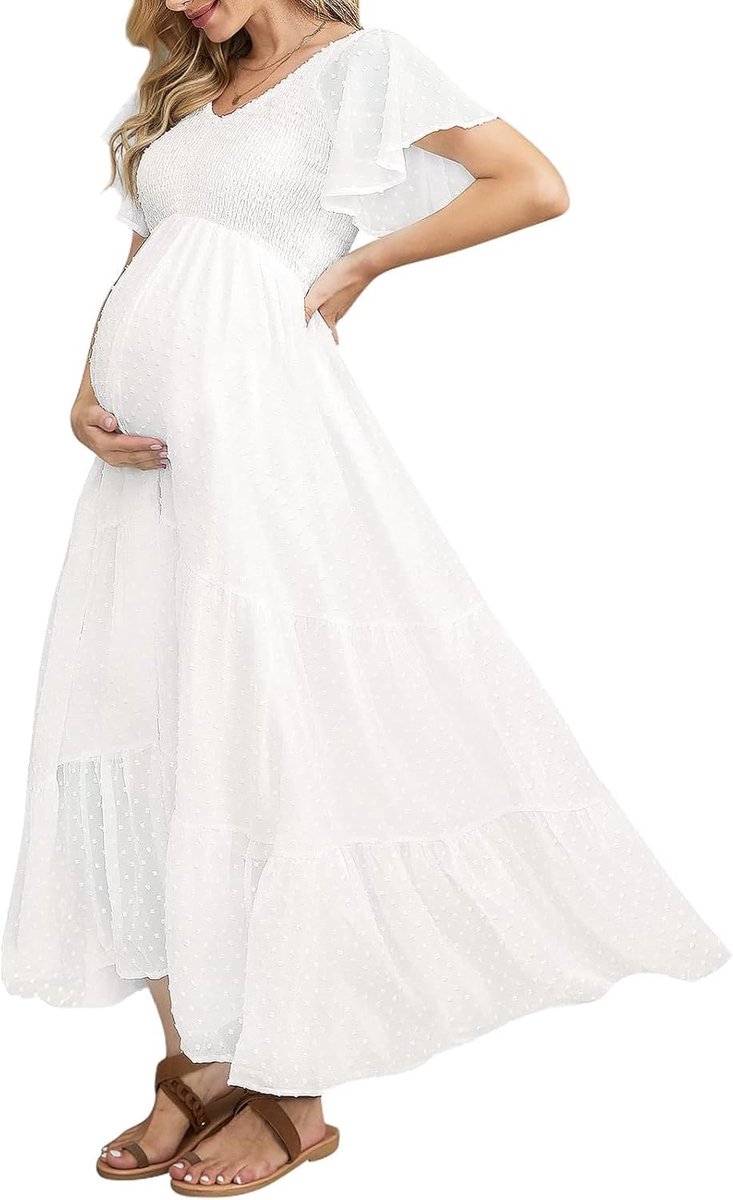 Dot-zwangerschapsjurk gesmokt voor babyshower, fotoshoot, casual, V-hals, ruches, empire-taille en bohemien-stijl met plooien