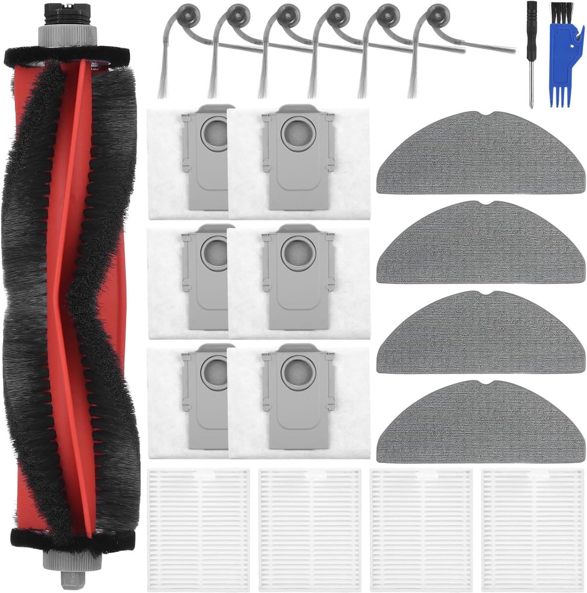 Accessoirepakket voor Roborock Q7 M5/Q7 M5+/Q7 L5/Q7 L5+ robotstofzuigers, 1 hoofdborstel, 4 HEPA-filters, 4 dweillappen, 6 zijborstels, 6 stofzakken, reserveonderdelen voor Roborock Q7 M5
