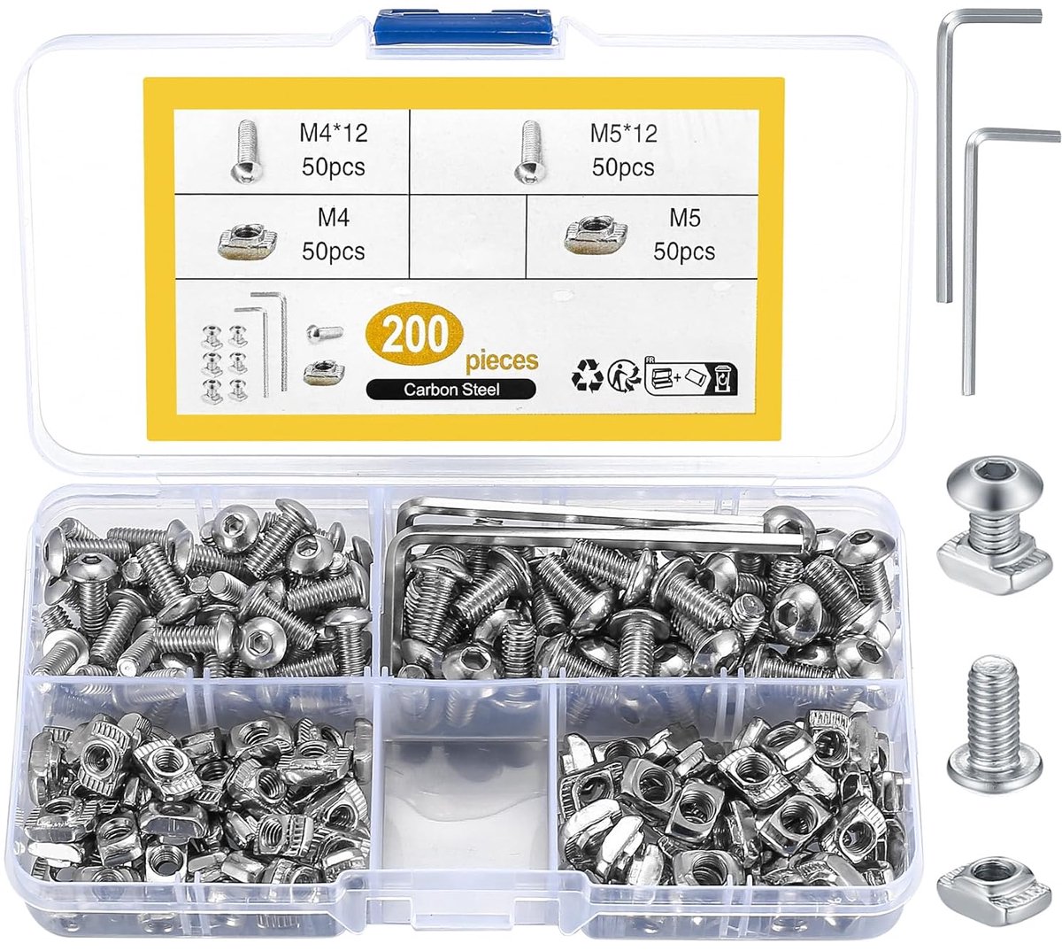 200 sleufmoeren M4 M5 set: 100 T-groefrail, M5, M4 & 100 T-moerbouten, serie 2020, M4, M5, sleufbouten, groefbouten, moer 4, 5 type B, schuifmoeren, T-groefmoeren voor aluminium profiel, connector