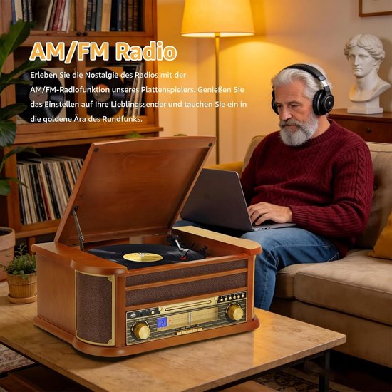 9-in-1 platenspeler met Bluetooth, AM/FM-radio, cd- en cassettespeler, USB-weergave, afstandsbediening, ingebouwde luidsprekers, vintage vinyl draaitafel voor thuis — afbeelding 3